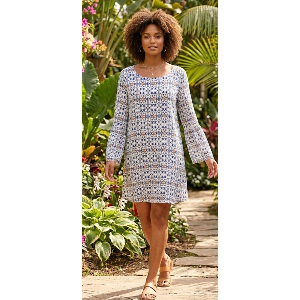 Roxy Dress Size L Blue Paisley Bell Sleeve Lace Trim Button Keyhole
